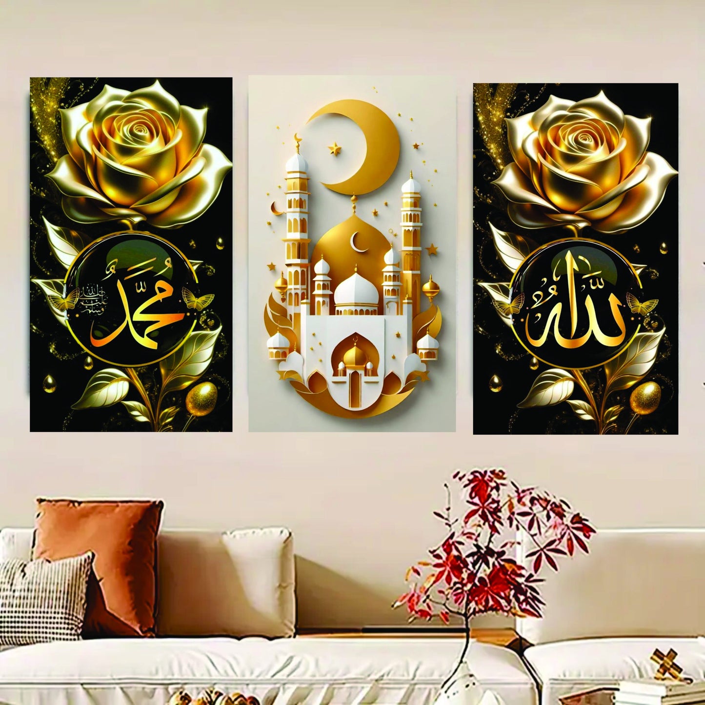 Set Of 3 Flower Islamic Art Wooden Frames For Wall Decoration / Sticky Photo Tile