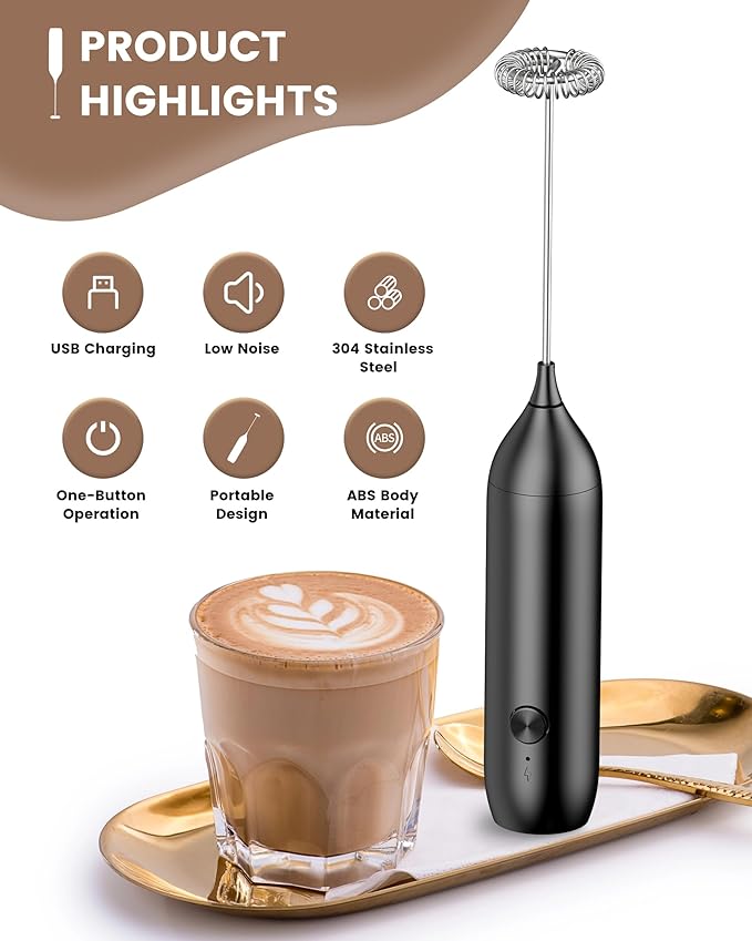 Powerful Handheld USB Rechargeable Electric Coffee Beater for Coffee Latte, Cappuccino, Mocha, Macchiato, Frappe and Protein Powder