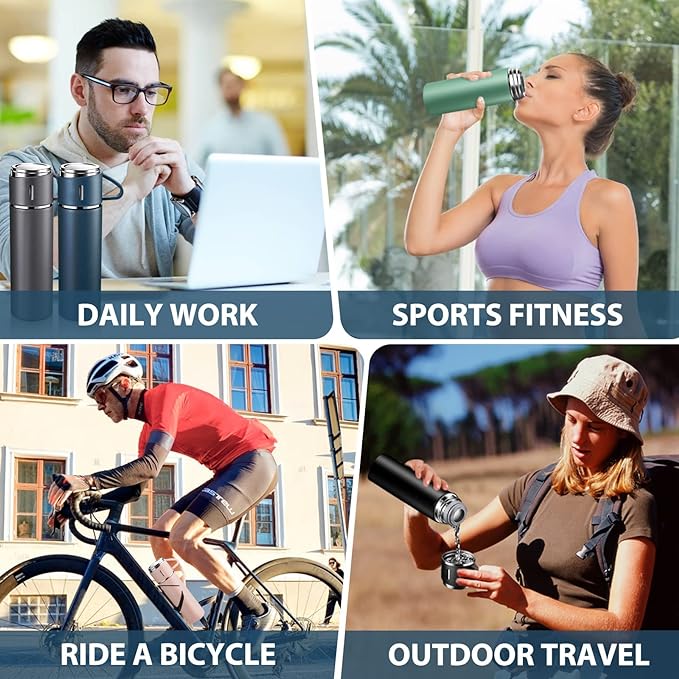 4in1 Stainless Steel Water Bottle 500ml Double Walled Vacuum with 3 Pcs Leak-proof Cups for Gym Home Office and Outdoor Use