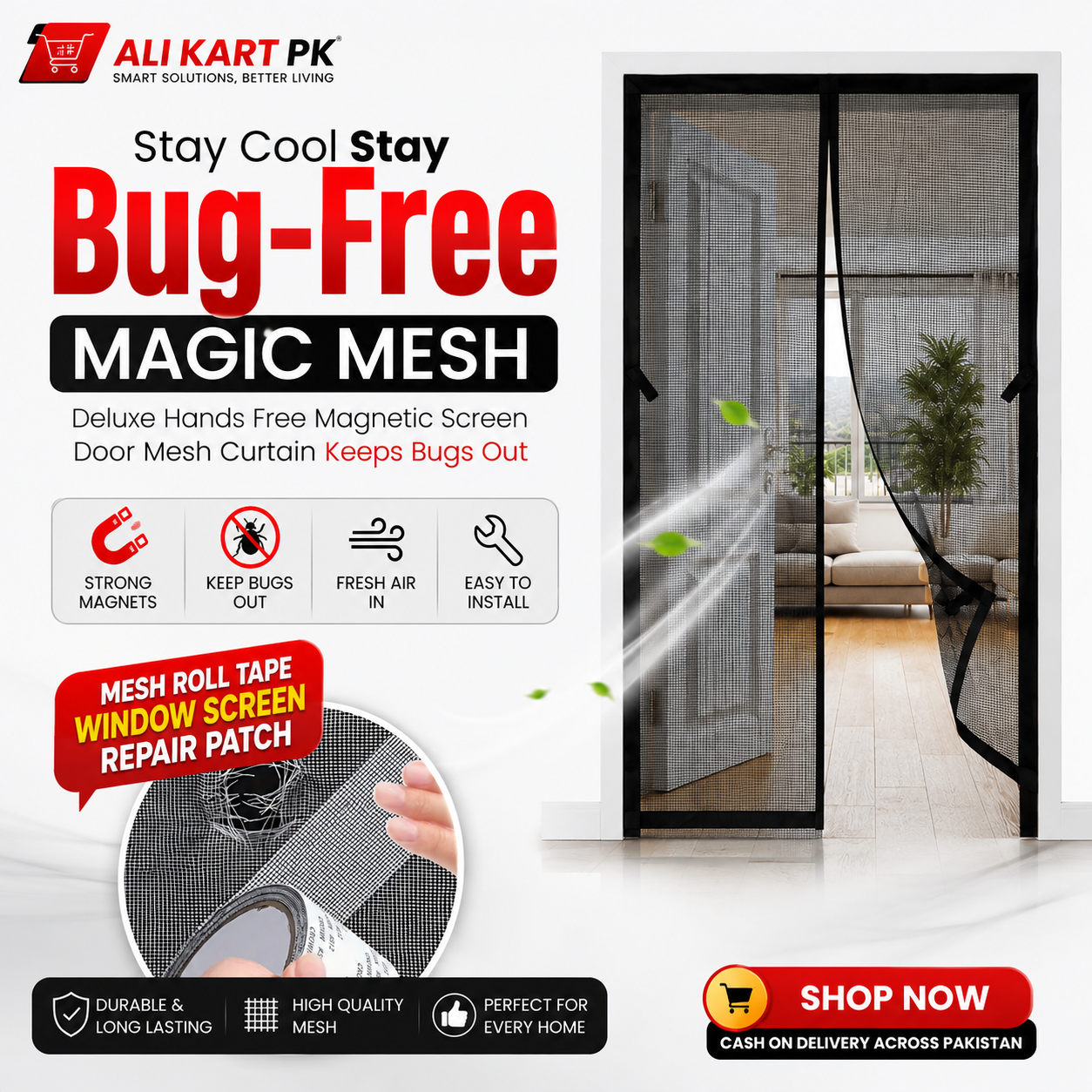 Magic Mesh Deluxe Hands-Free Magnetic Screen Door – Keeps Bugs Out | Buy 1 Get 1 FREE Mesh Repair Tape