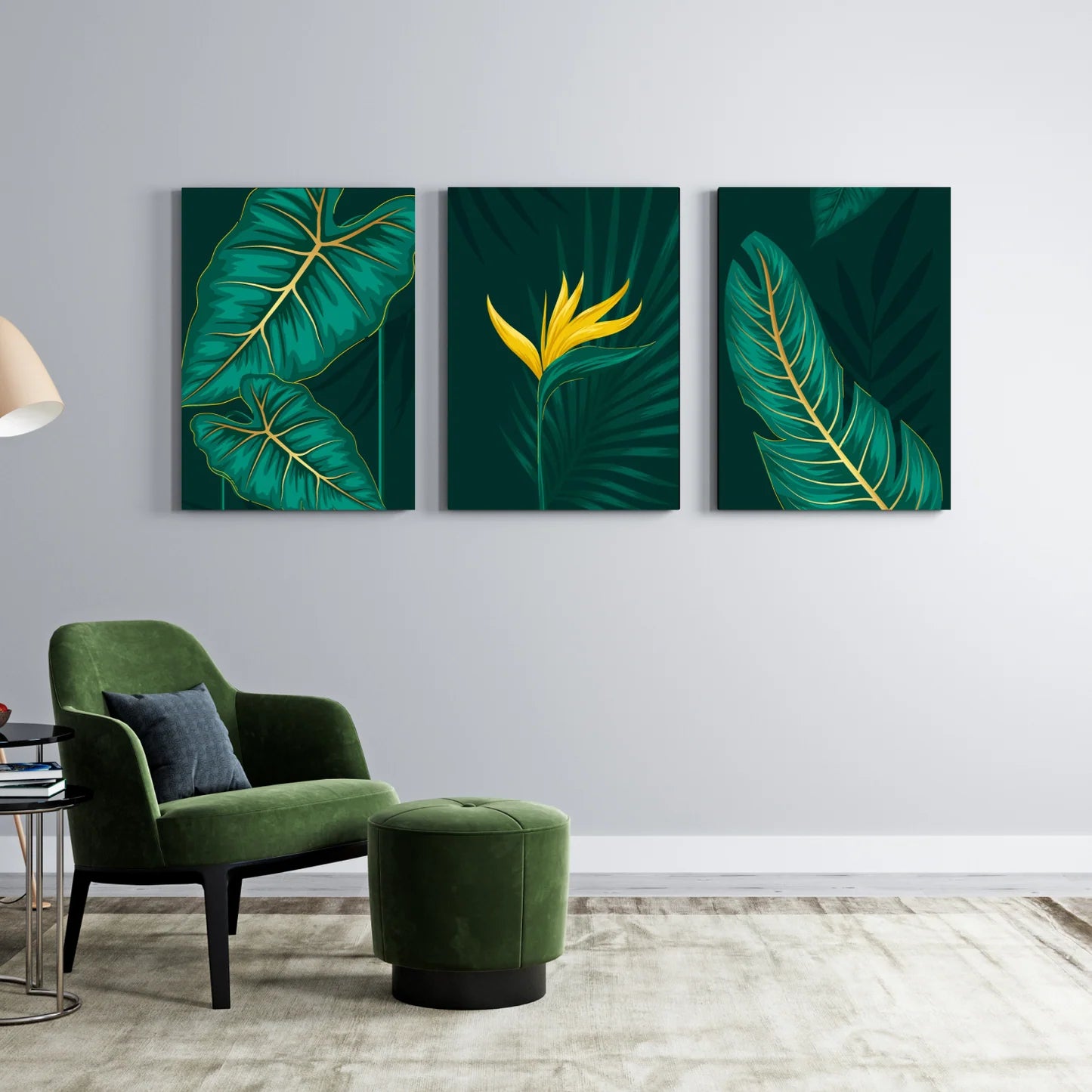 Set Of 3 Green Flowers Wall Art Wooden Frames For Home Decoration / Sticky Photo Tiles