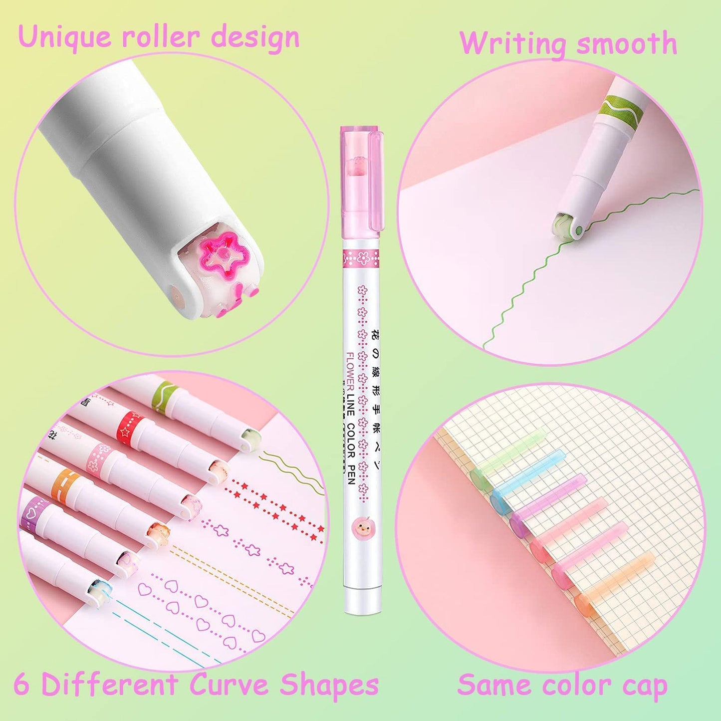 (Pack of 6) Linear Roller Design Color Pen