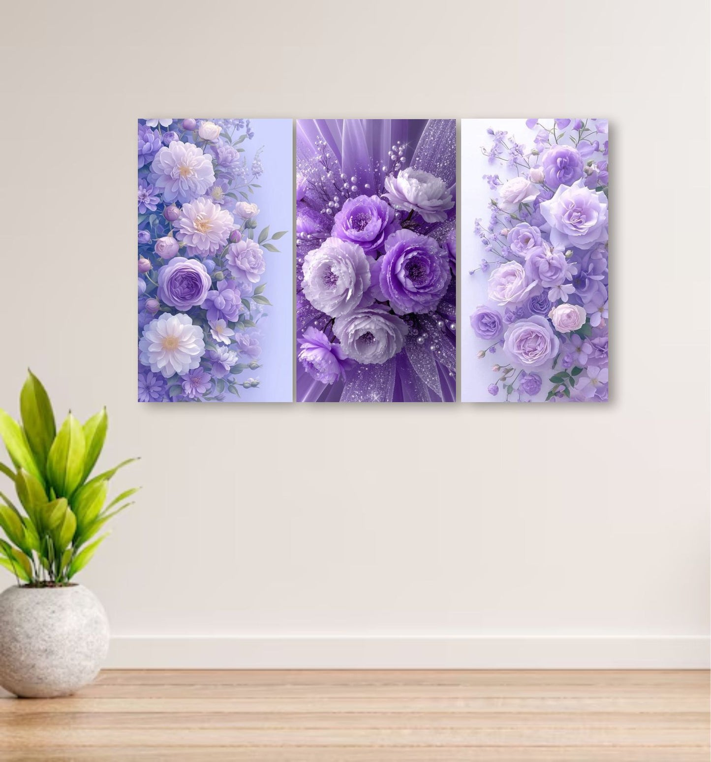 Set Of 3 Flowers Art Wooden Frames For Wall Decoration / Sticky Photo Tiles