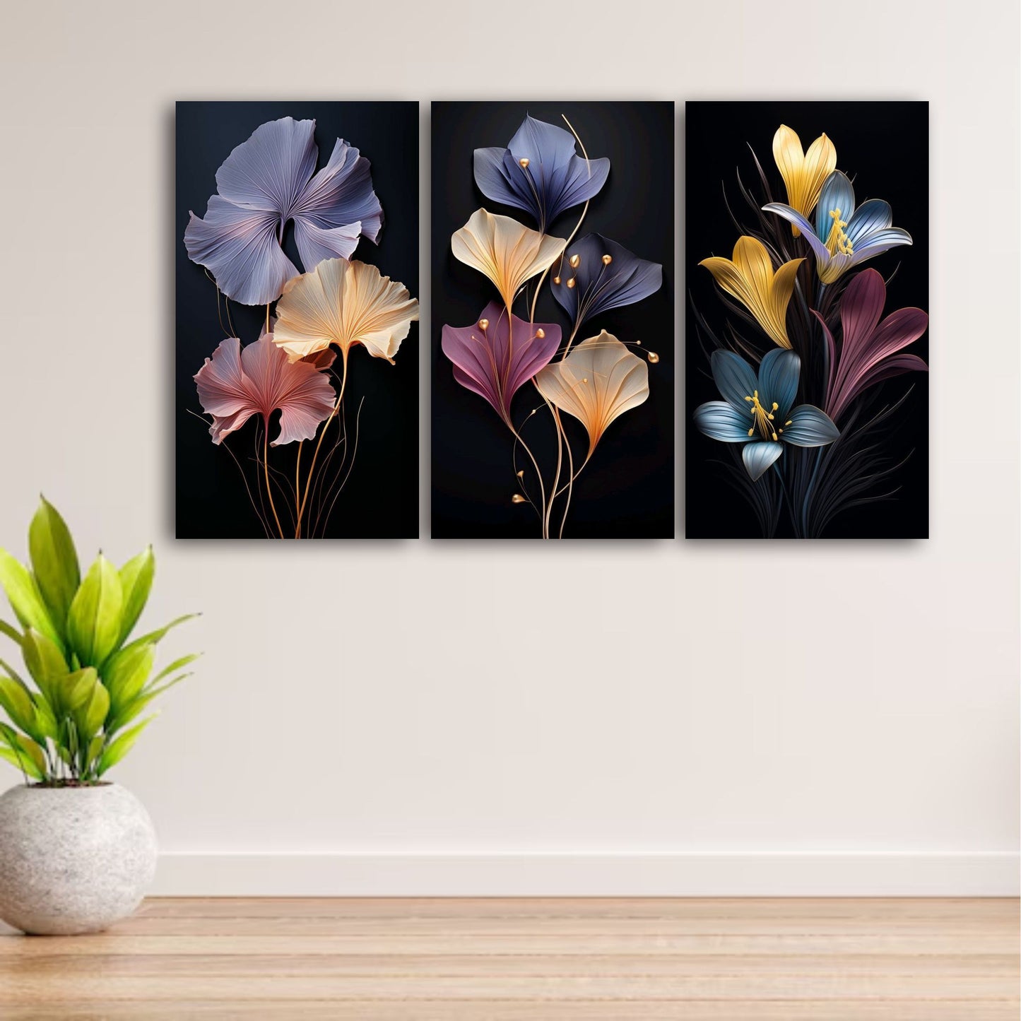 Set Of 3 Flowers Art Wooden Frames For Wall Decoration / Sticky Photo Tiles