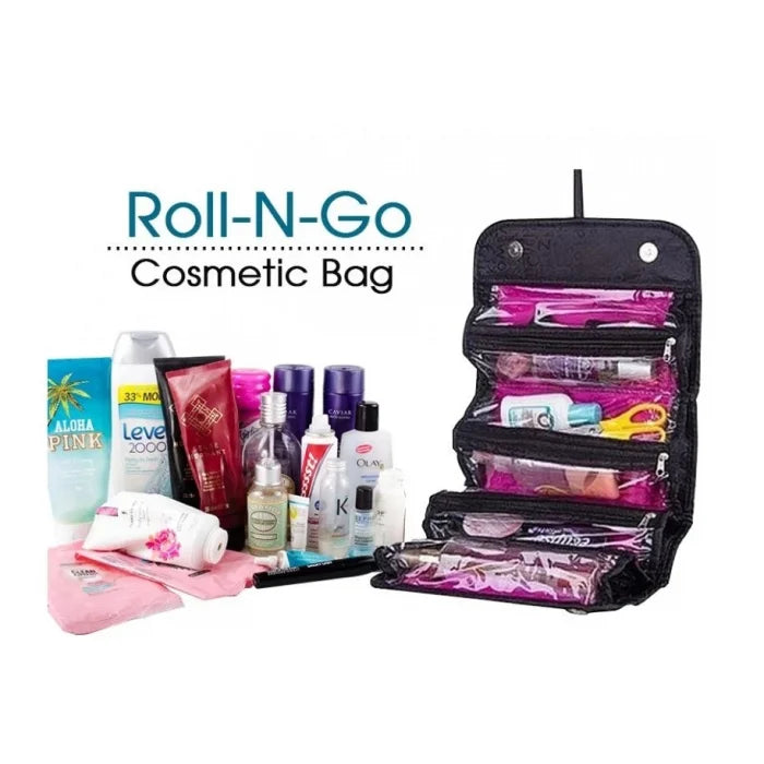 Roll N Go Travel Buddy Makeup and Cosmetic Bag For Pack all your cosmetics jewelry, hair care products with 4 spacious vinyl zippered storage compartments