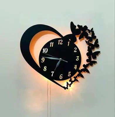 Heart & Butterfly Decorative Wall Clock – Black Battery Operated Modern Home Decor Clock