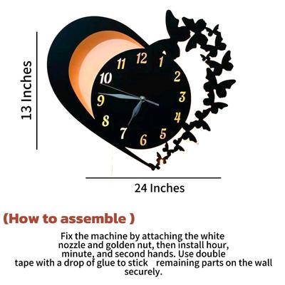 Heart & Butterfly Decorative Wall Clock – Black Battery Operated Modern Home Decor Clock