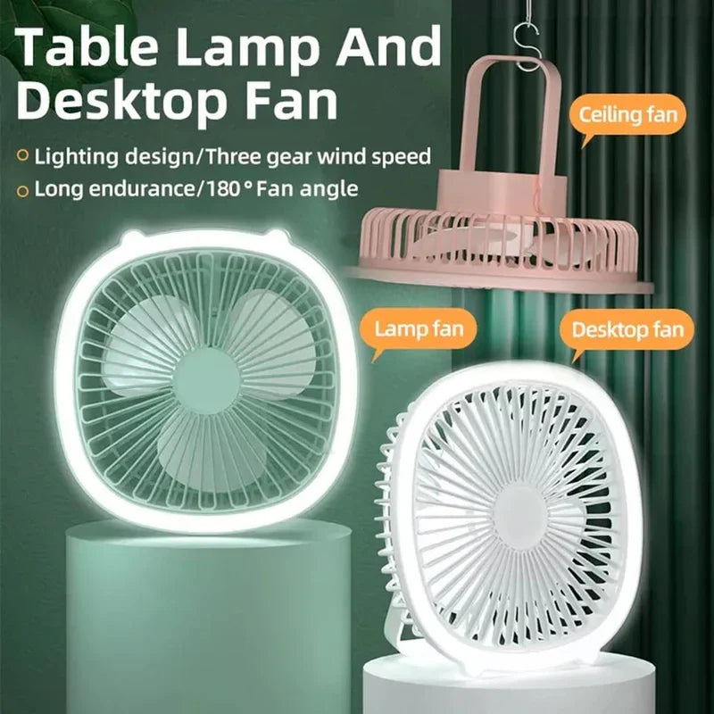 Multifunctional Rechargeable Mini Desk Fan With LED Light And Foldable Hook for Home, Office and Outdoor Camping