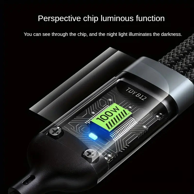 3 in 1 Multiple Interfaces 100W USB Charging Cable with Intelligent Support and Visual Power For Home and Outdoor Use