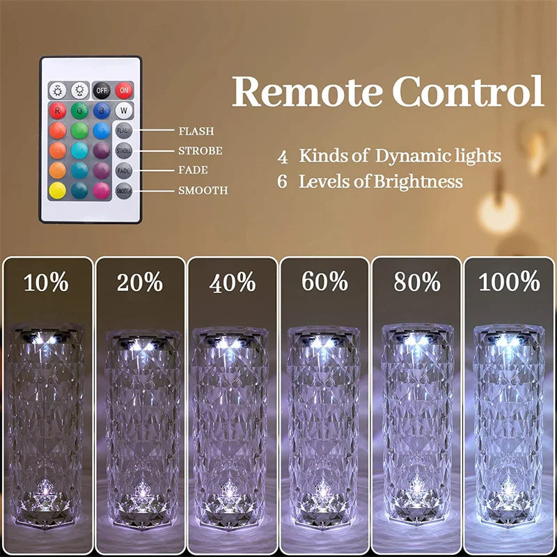 USB Rechargeable Crystal Rose Diamond Touch Lamp LED With RGB 16 Colors and Remote