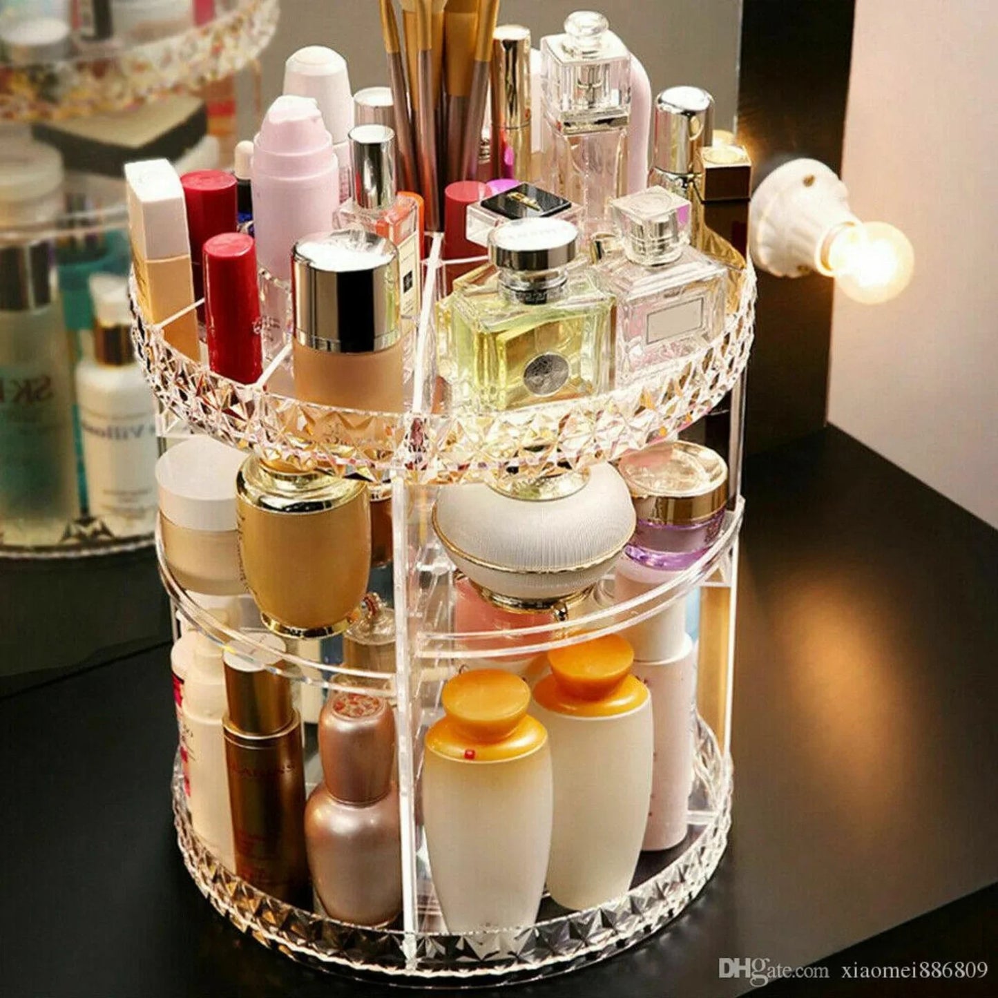 Makeup Organizer 360-Degree Rotating Cosmetic Storage Box with Adjustable & Large Capacity in Diamond Pattern