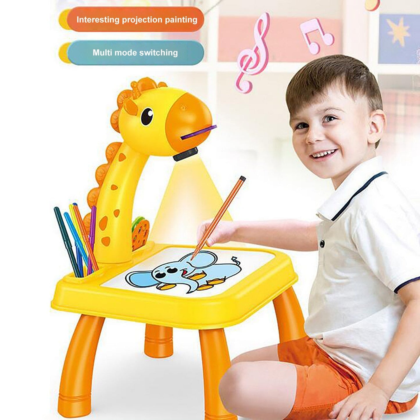 Cute Duck Shape Drawing Projector With Light Music with 12 Markers Toy For Kids
