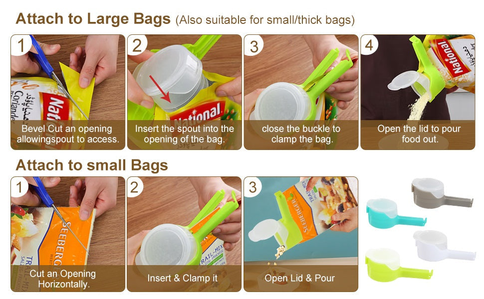 (Pack of 3) Multi Purpose Plastic Dust and Moisture Proof Food Bag Sealing Clips with Dispensing Nozzle for Storing Cereals and More