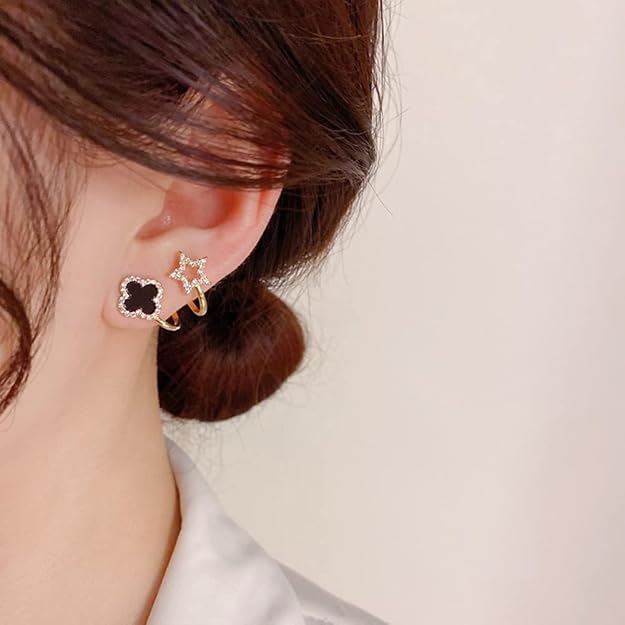 Gold Plated Stone Decor Star Four Leaf Clover Korean Earrings Black Cubic Zirconia Alloy Earring Set For Women