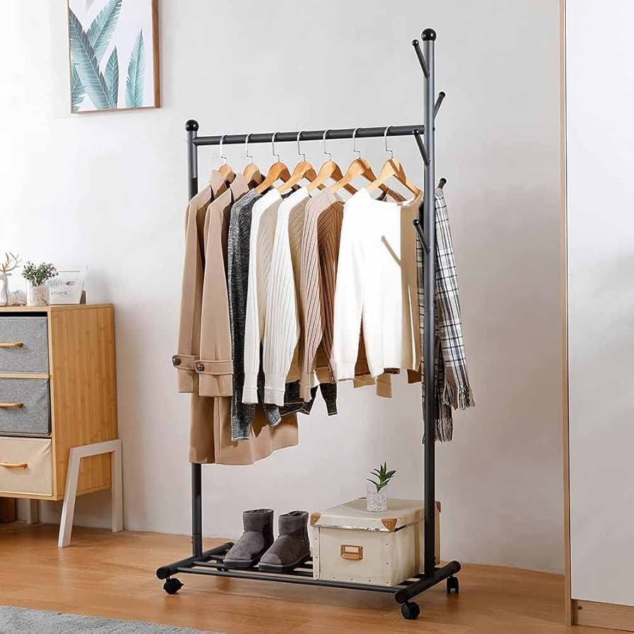 Garment Floor Standing Clothes Rails Rolling Coat Rack with 6 Side Hooks Bottom Storage Shelf and Lockable Wheels with Box