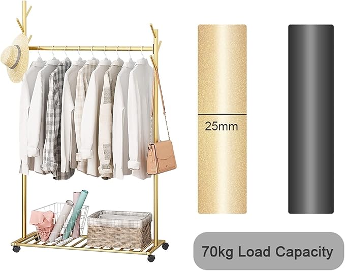 Garment Floor Standing Clothes Rails Rolling Coat Rack with 6 Side Hooks Bottom Storage Shelf and Lockable Wheels with Box