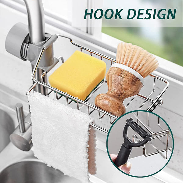 Stainless Steel Multifunctional Kitchen & Bathroom Faucet Sponge Holder – Hanging Sink Organizer