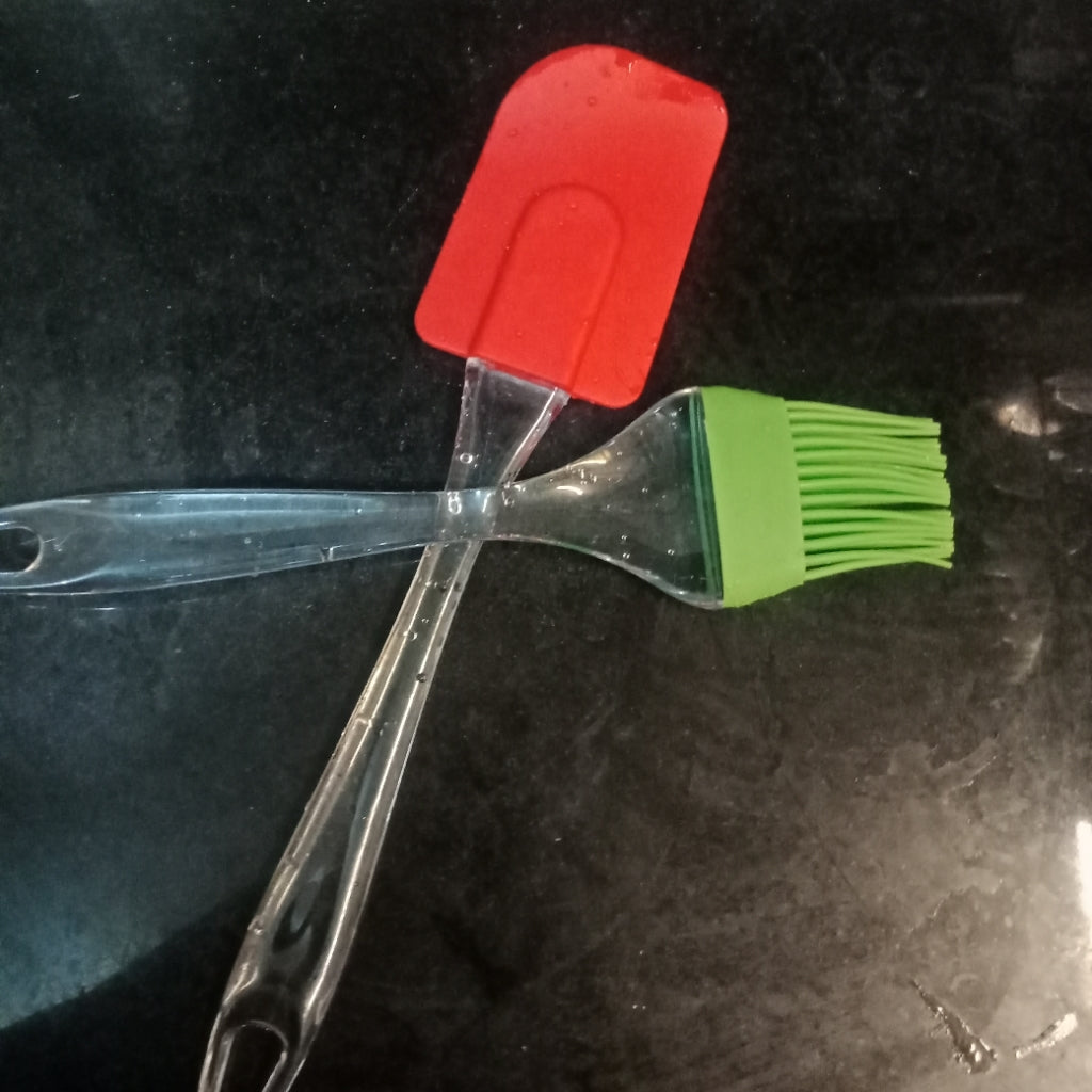 2 Pcs Silicone Transparent Handle Oil Brush and Spatula For Cooking Baking BBQ Tool Set