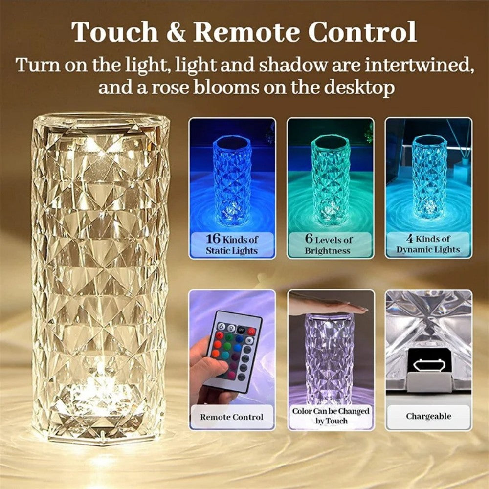 USB Rechargeable Crystal Rose Diamond Touch Lamp LED With RGB 16 Colors and Remote