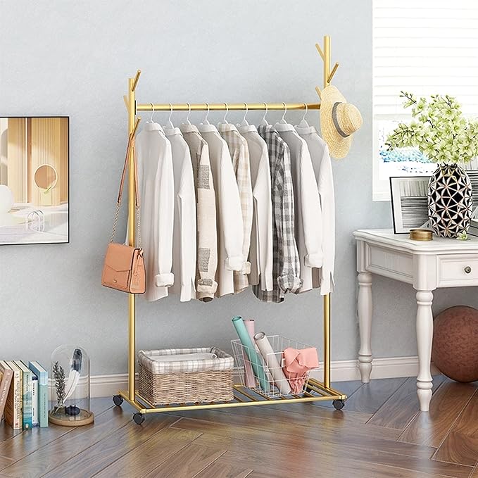 Garment Floor Standing Clothes Rails Rolling Coat Rack with 6 Side Hooks Bottom Storage Shelf and Lockable Wheels with Box