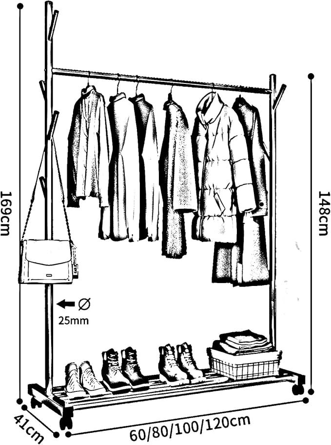Garment Floor Standing Clothes Rails Rolling Coat Rack with 6 Side Hooks Bottom Storage Shelf and Lockable Wheels with Box