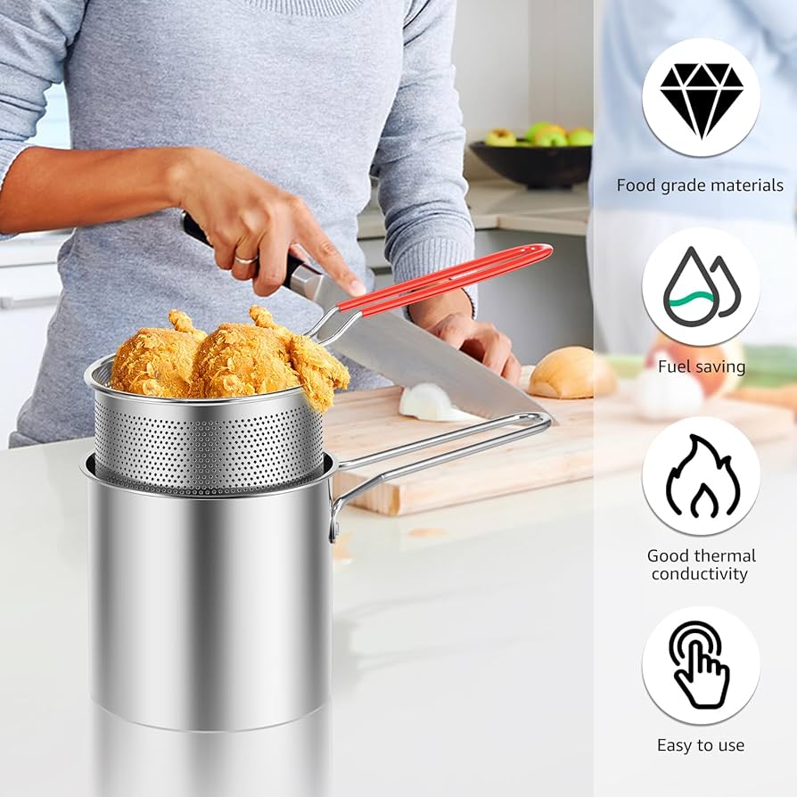 Stainless Steel Deep Fryer with Frying Basket Multifunction Small Pot Kitchen Specific Frying Chicken and Other Cooking Tool