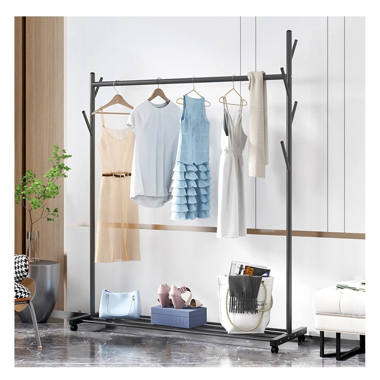 Garment Floor Standing Clothes Rails Rolling Coat Rack with 6 Side Hooks Bottom Storage Shelf and Lockable Wheels with Box