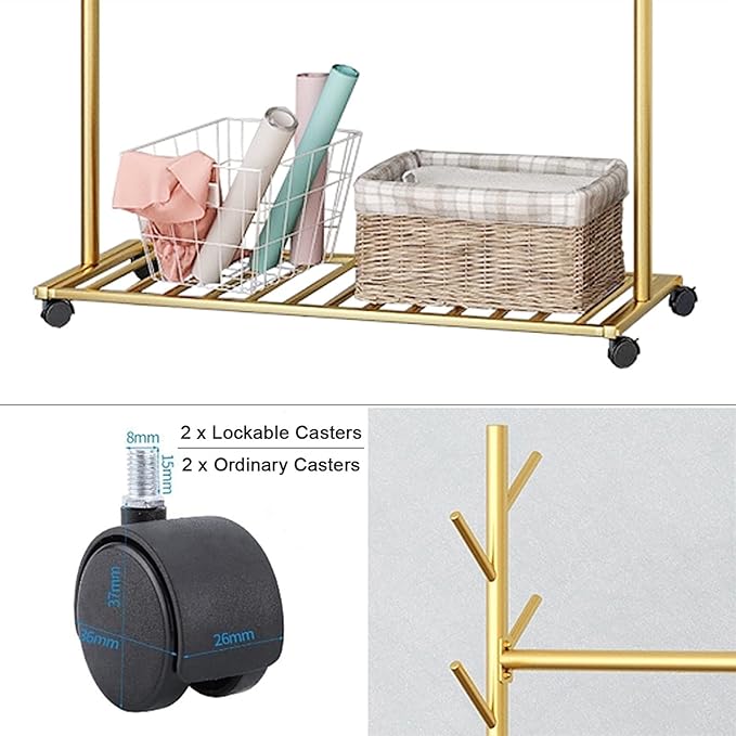 Garment Floor Standing Clothes Rails Rolling Coat Rack with 6 Side Hooks Bottom Storage Shelf and Lockable Wheels with Box
