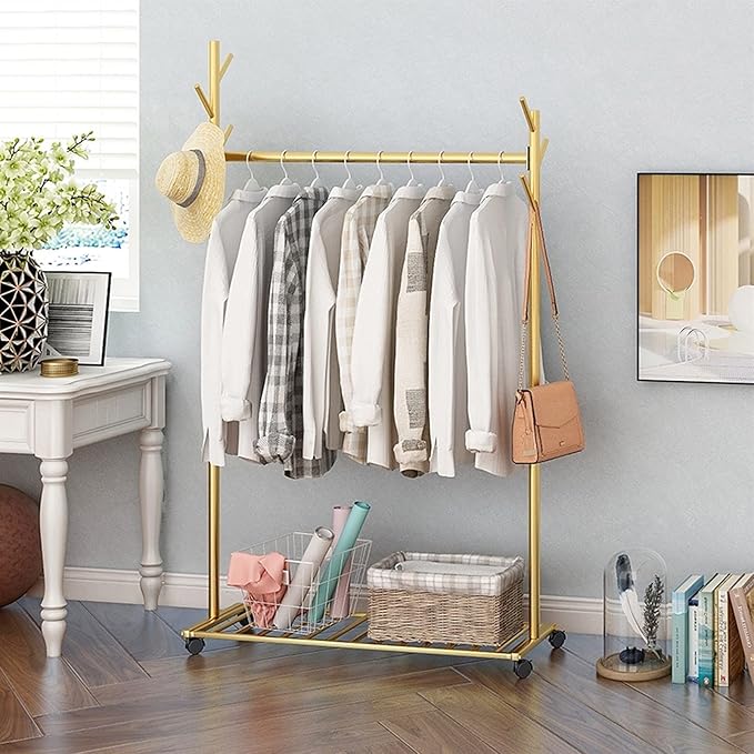 Garment Floor Standing Clothes Rails Rolling Coat Rack with 6 Side Hooks Bottom Storage Shelf and Lockable Wheels with Box