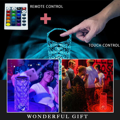 USB Rechargeable Crystal Rose Diamond Touch Lamp LED With RGB 16 Colors and Remote