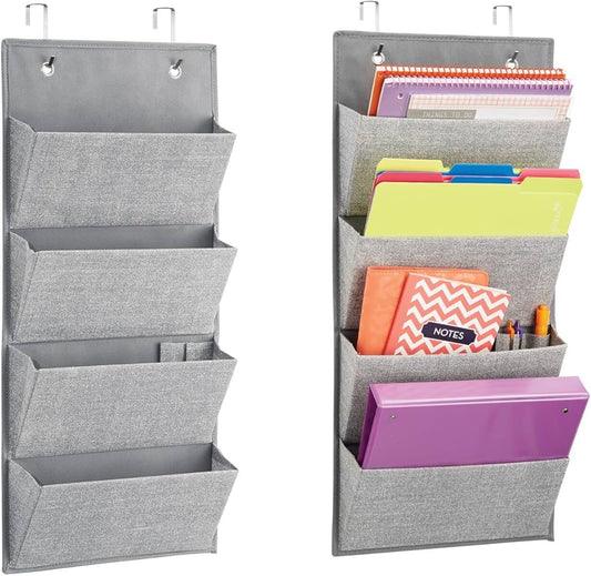 Soft Fabric Wall Mount/Over Door Hanging Storage Organizer With 4 Large Cascading Pockets For Holds Office Supplies, Planners, File Folders, Notebooks