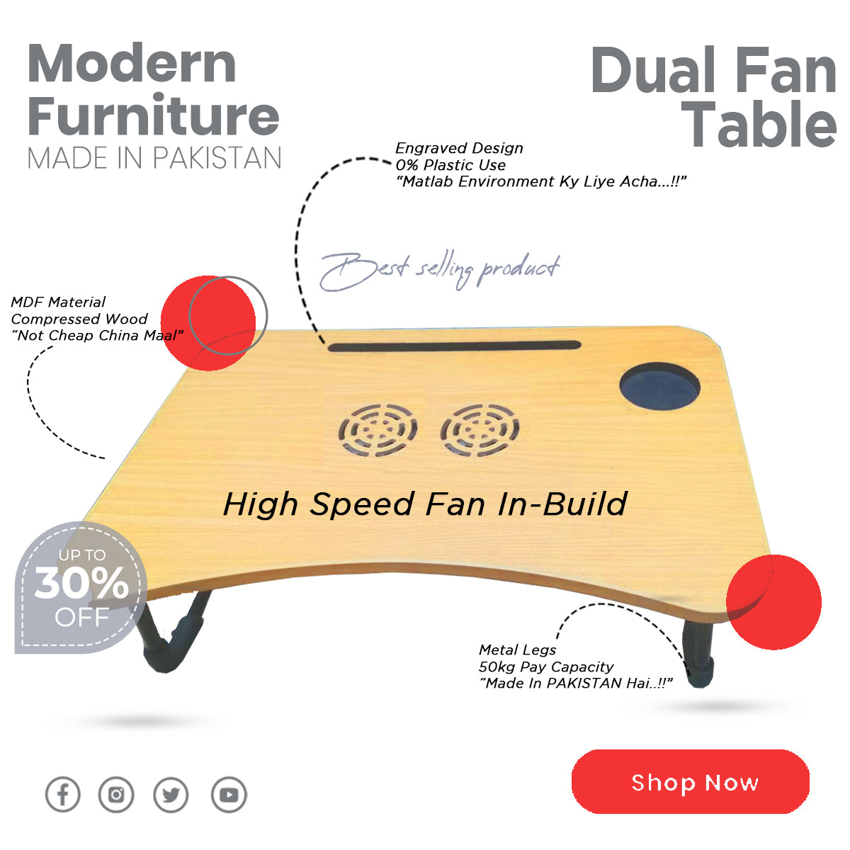 Wooden Gaming Laptop Table With Fan