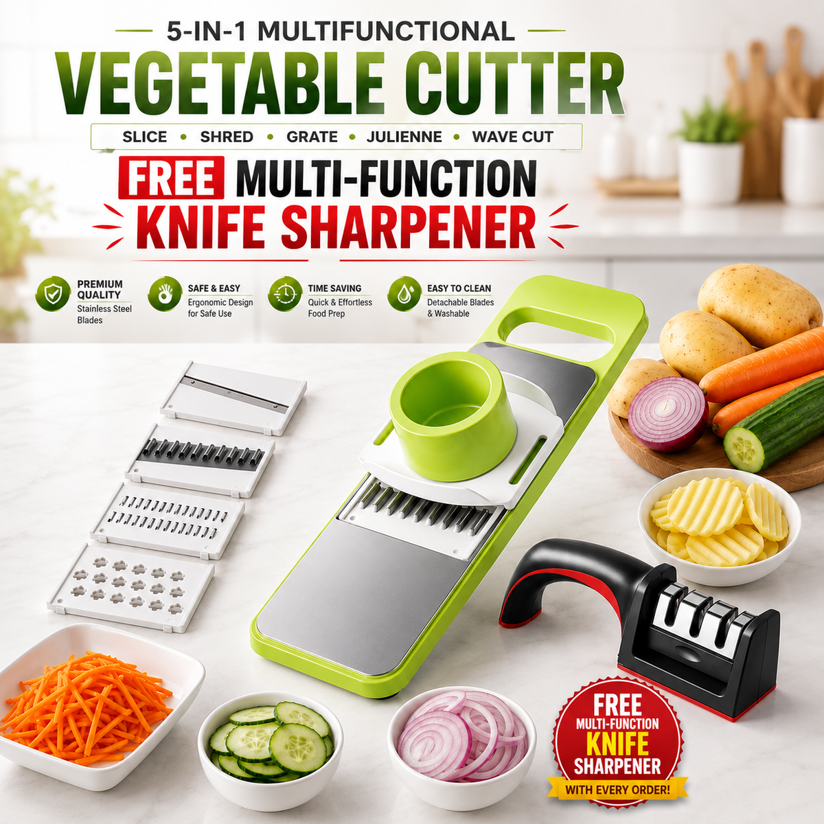 5-in-1 Vegetable Cutter & Slicer with Free Knife Sharpener