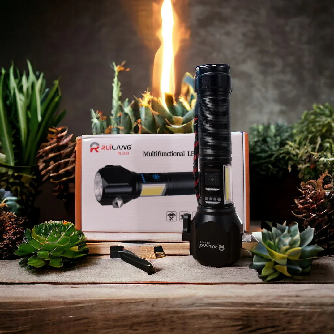Ruilang Torch RL233 Metal LED FlashLight with Cutter Hammer and Mobile Power Bank