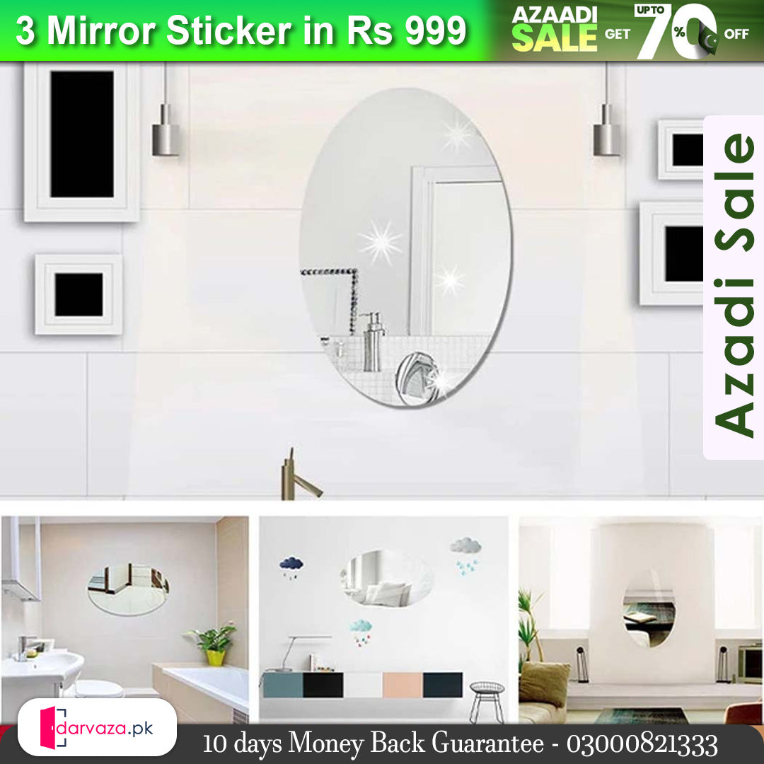 Azaadi Sale Offer 3 Pcs FlexibleSelf Adhesive Oval Shape Mirror Sticker (3 Pcs)