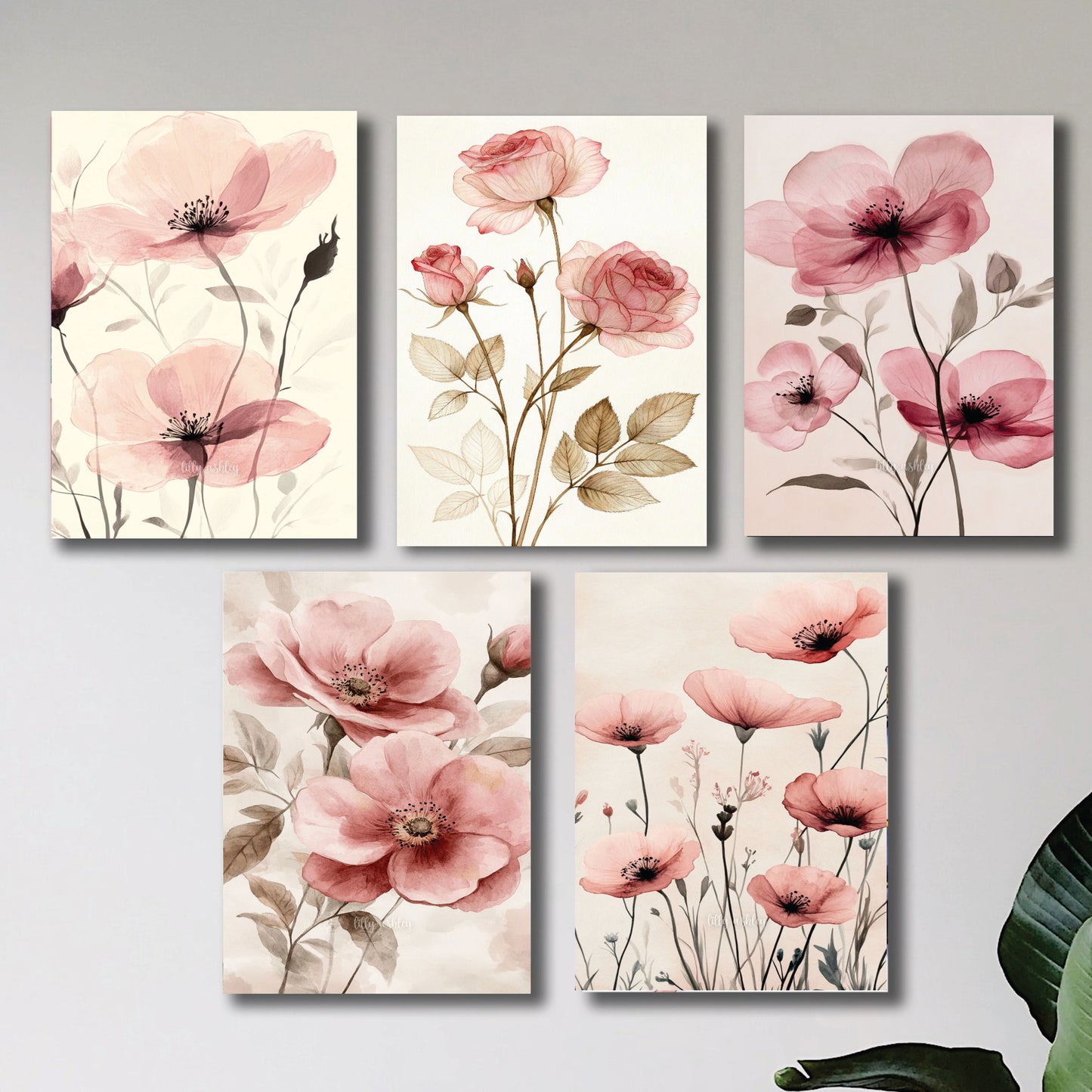 Set Of 5 Pink Flowers Floral Wall Art Wooden Sticky Frames For Girls Room Home Decoration / Sticky Phototiles