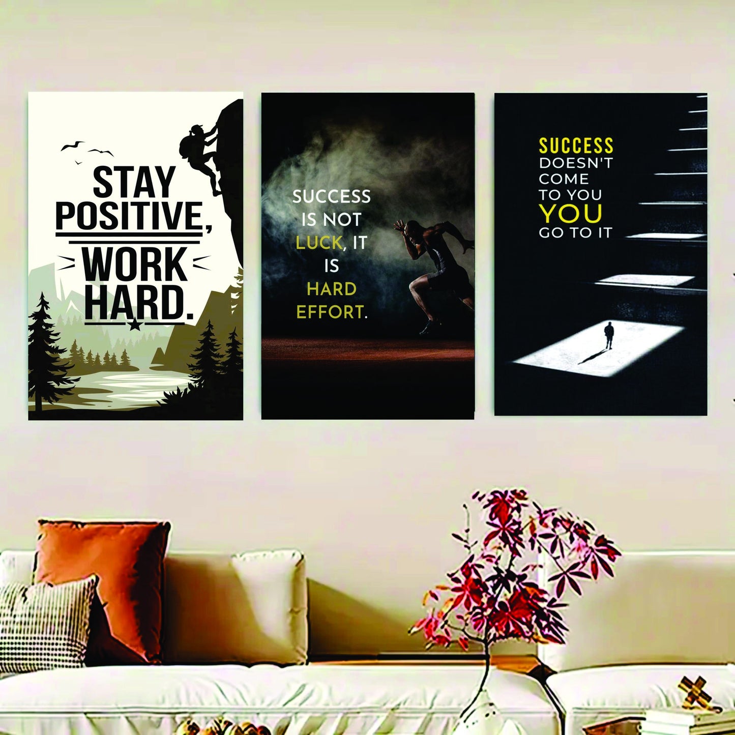 Pack Of 3 Motivational Quotes Sticky Wooden Canvas Frames For Wall Decore / Motivation Sticky Phototiles For Office And Room Wall Decoration