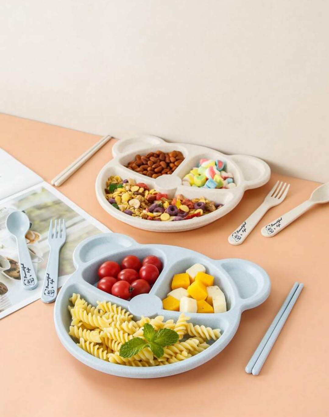 (Pack of 5) Multi Panda Shape Plates with 3 Spoons and 2 Forks