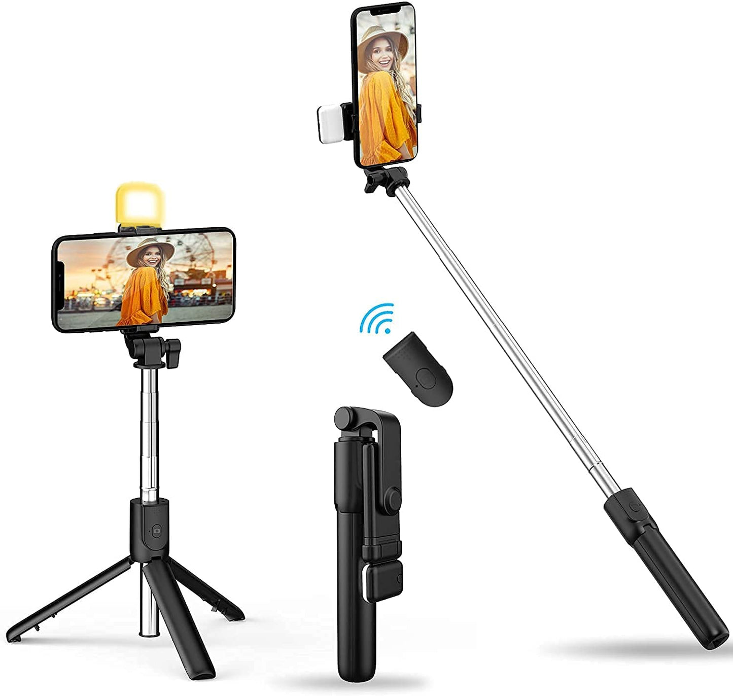 4 in 1 R1S Stainless Steel Selfie Stick Tripod with Wireless Remote for Live Streaming & Video Recording