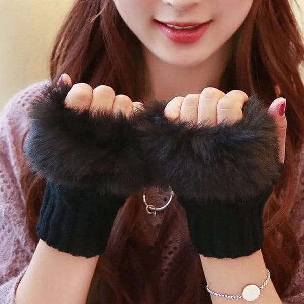 Winter Faux Fur Warm Knitted Half Finger Gloves Pair For Women