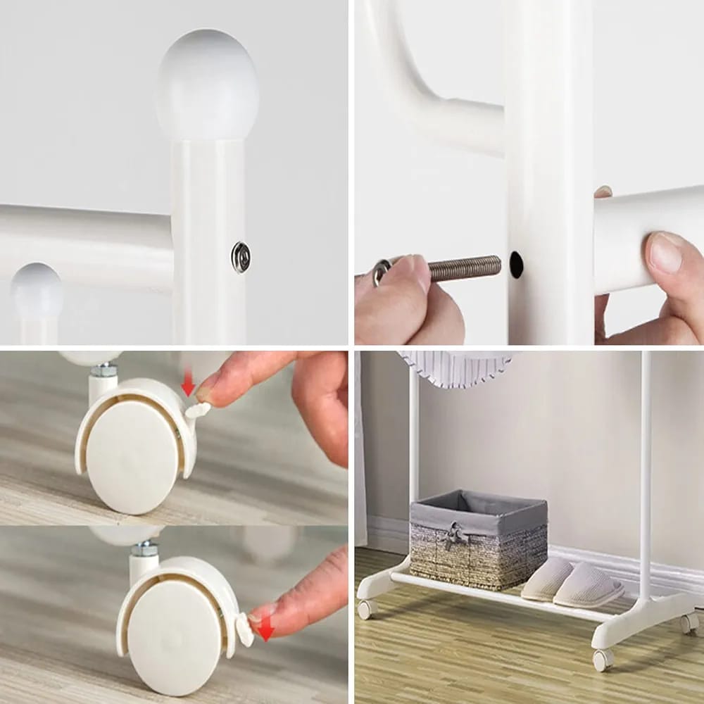 Garment Floor Standing Clothes Rails Rolling Coat Rack with 6 Side Hooks Bottom Storage Shelf and Lockable Wheels with Box