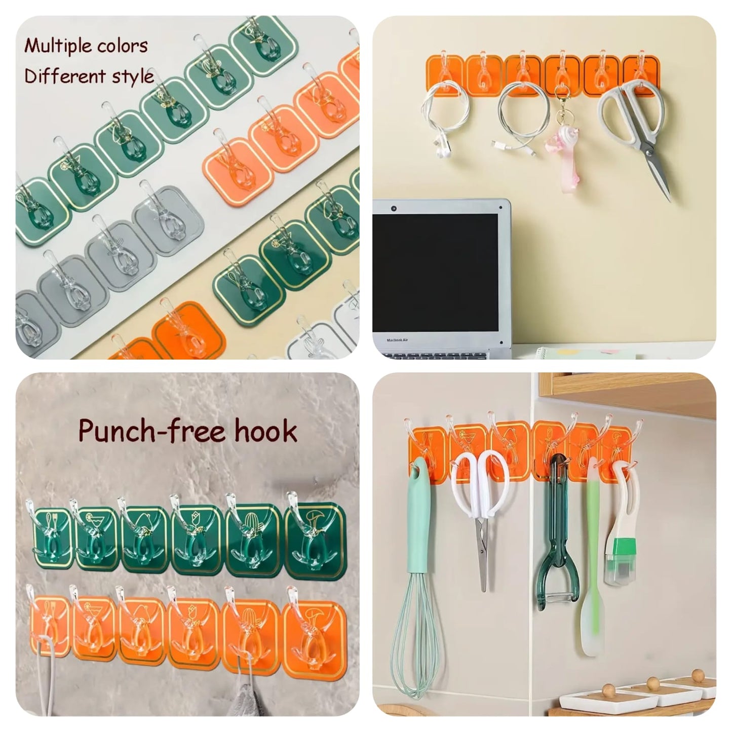 (Pack of 2) Wall Mounted Punch Free Strong Self Adhesive Stylish 6 Hook in Row For Home and Outdoor Use