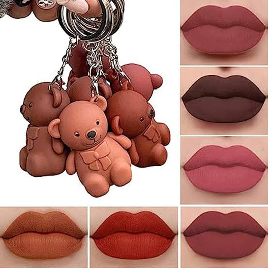 (Pack of 6) Teddy Keychain Makeup Lipstick Gloss with Different Colors For Women