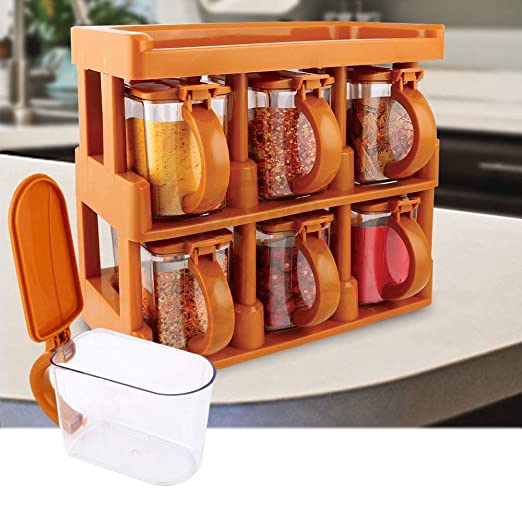 Master Chef 2 Tier Spice Organizer Rack with 6 Jars Set For Kitchen and Outdoor Use