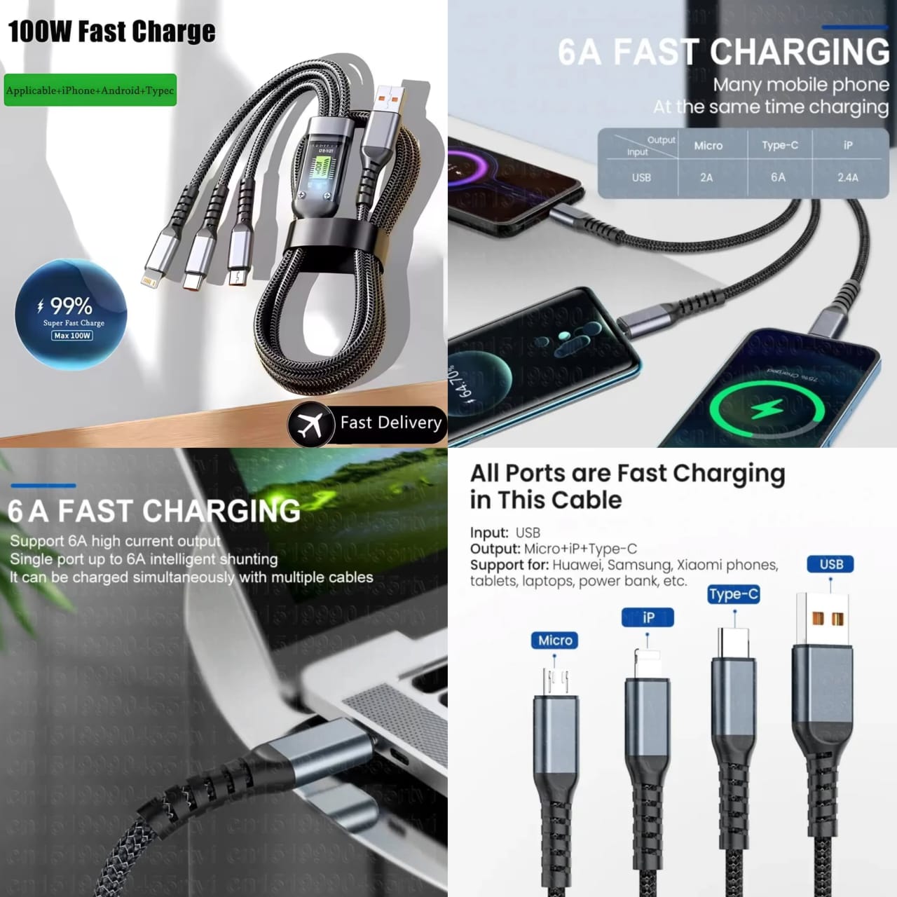3 in 1 Multiple Interfaces 100W USB Charging Cable with Intelligent Support and Visual Power For Home and Outdoor Use