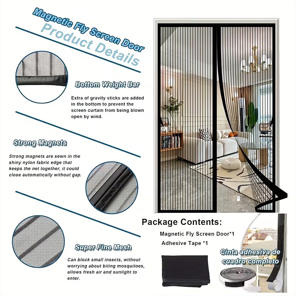 Buy 1 Get 1 FREE Mesh Repair Tape Magic Mesh Deluxe Hands-Free Magnetic Screen Door – Keeps Bugs Out |