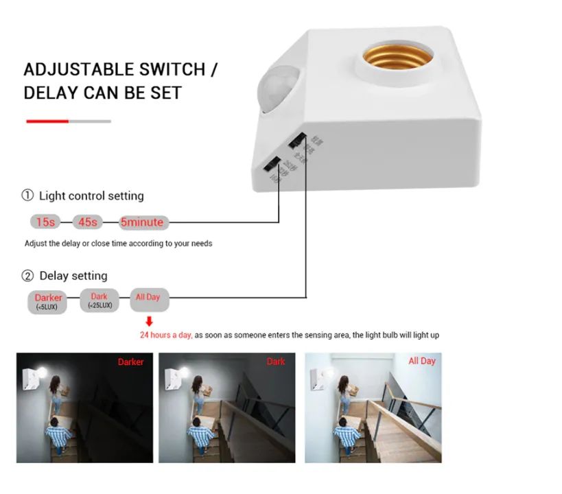 Automatic Human Body Infrared PIR Sensor Bulb Light Base PIR Motion Detector Wall Lamp Holder Socket