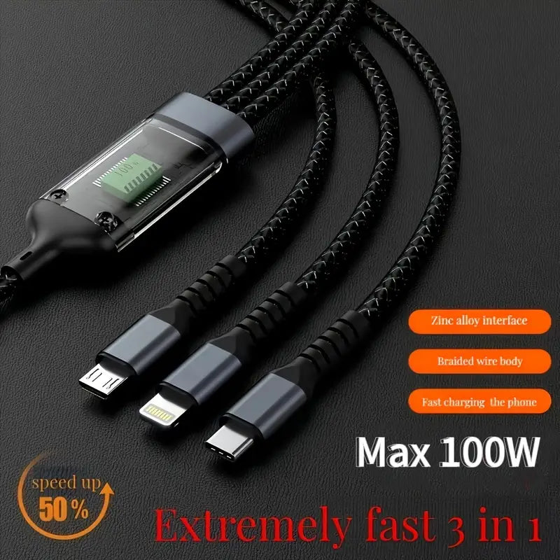 3 in 1 Multiple Interfaces 100W USB Charging Cable with Intelligent Support and Visual Power For Home and Outdoor Use