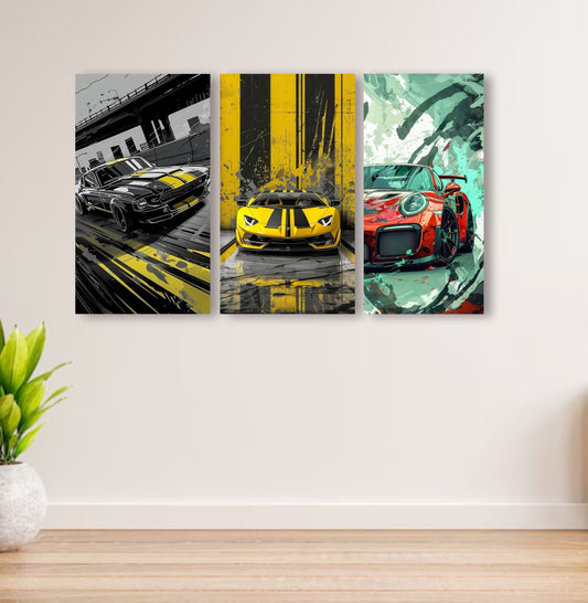 Set Of 3 Cars Art Wooden Frames For Wall Decoration / Sticky Photo Tiles