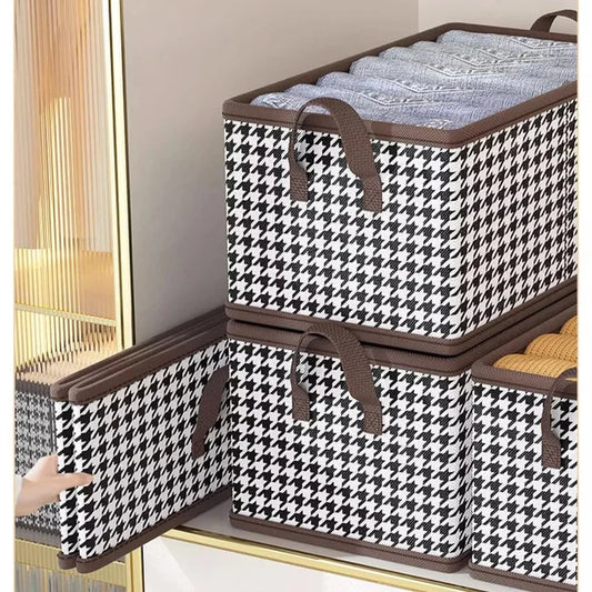 4 Pcs Brown Checkered Storage Cubes - Premium Foldable Closet Organizer Bins with Handles for Clothes, Toys & Accessories